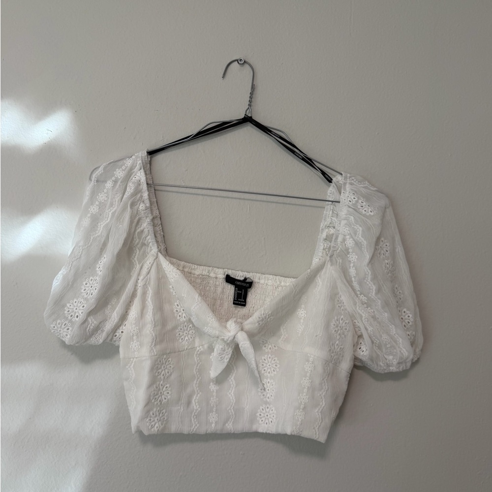 Forever 21 White Lace Puff Sleeve Blouse